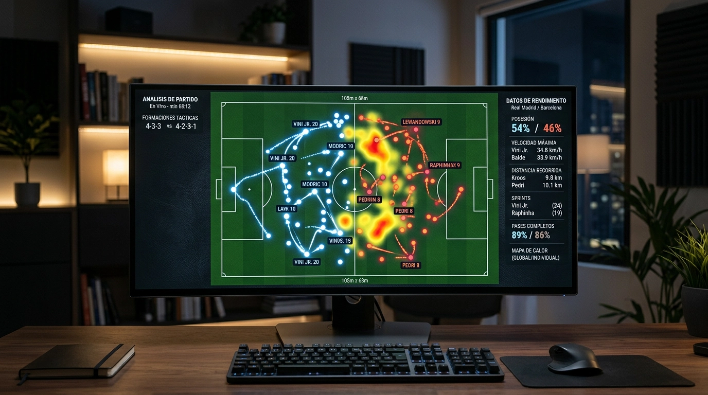 Monitor con mapa de calor y estadísticas de rendimiento de un partido de fútbol japonés