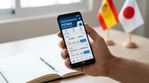 Teléfono móvil mostrando una interfaz de apuestas deportivas con banderas de España y Japón