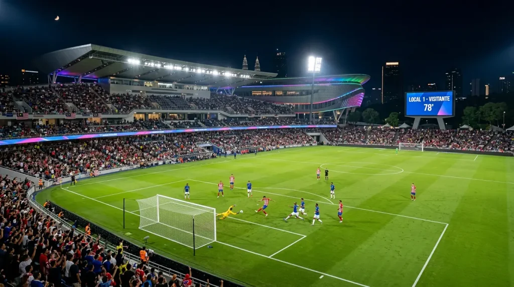 Panorámica de un estadio de fútbol asiático con césped verde durante un partido nocturno