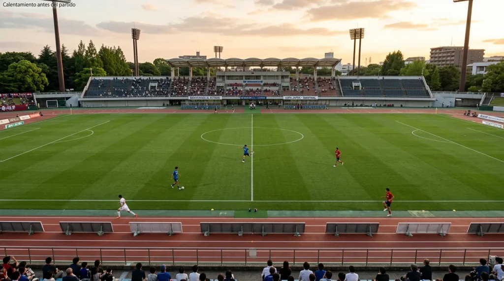 Estadio de fútbol japonés visto desde la grada con césped verde y pista de atletismo