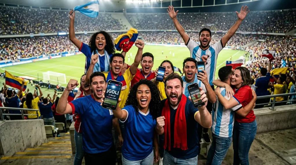 Aficionados latinoamericanos celebrando en un estadio de fútbol con teléfonos móviles en la mano