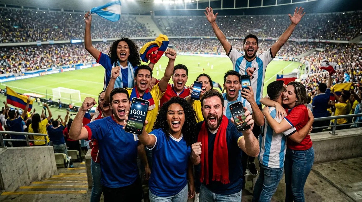 Aficionados latinoamericanos celebrando en un estadio de fútbol con teléfonos móviles en la mano