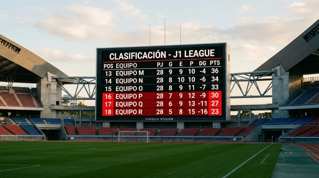 Campo de fútbol japonés con marcador de clasificación mostrando zona de descenso de la J-League