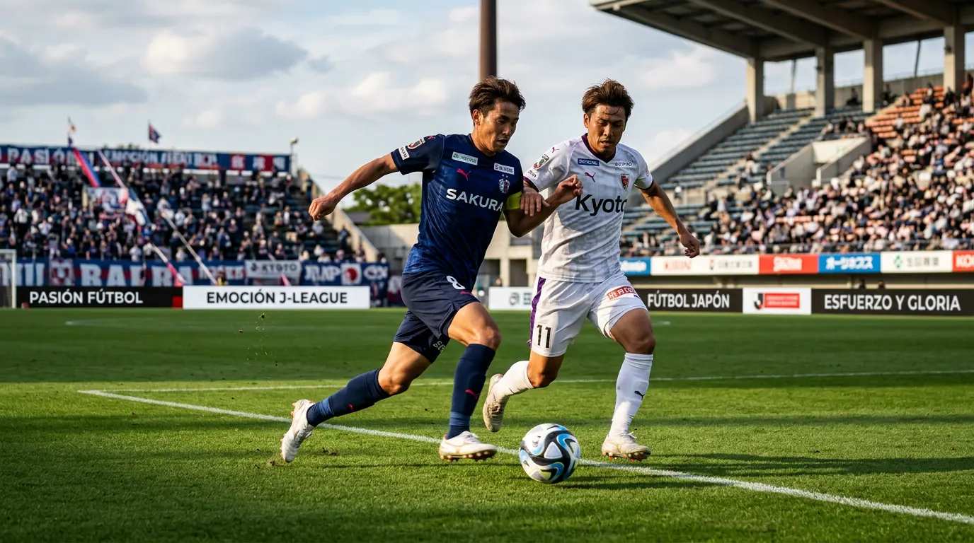 Partido de fútbol profesional en la J-League con jugadores disputando el balón en césped natural