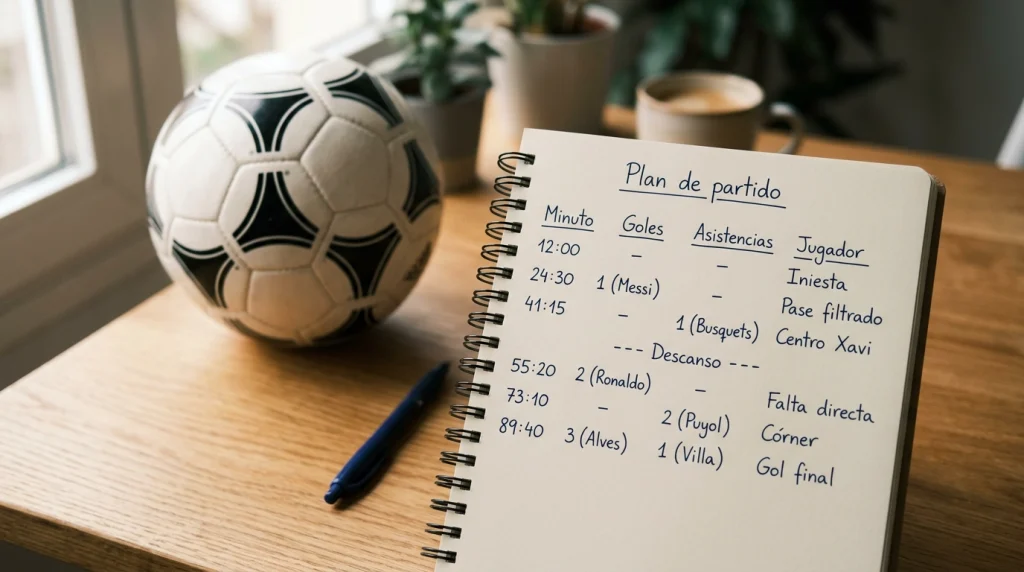 Cuaderno con anotaciones numéricas junto a un balón de fútbol sobre escritorio