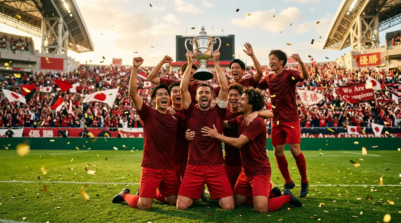 Jugadores de fútbol celebrando un título de liga en un estadio japonés