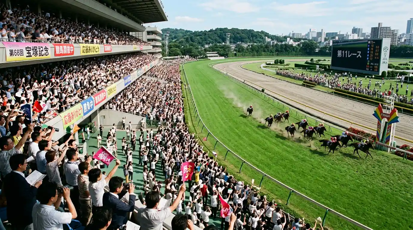 Hipódromo japonés con público en las gradas representando las apuestas legales en Japón